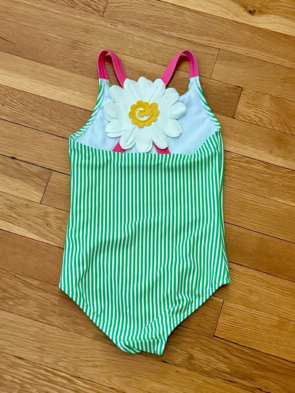 Mini Boden 5-6Y Flower Appliqué Back Green/White Striped Swimsuit
